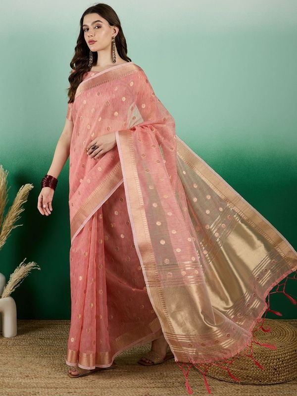 Peach Wevon Jacquard Designer Khadi Organza Saree