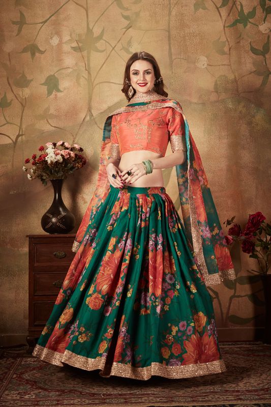 Green and Orange Women's Organza Embroidery Lehenga Choli