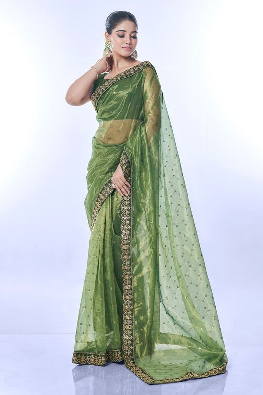 Green Sequance Embroidery Work Golden Net Saree