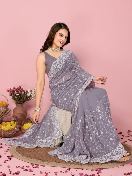 Purple Thread & Sequance Embroidery Work Georgette Saree