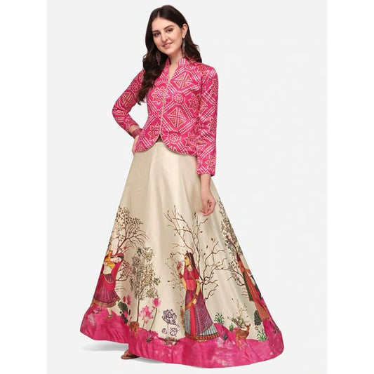 Digital Print Satin Silk Fabric Stitched Lehenga Choli With Jequared Blouse and Assami Silk Thread Work Dupatta For Women and Girls In Festive Party And Traditional Wear