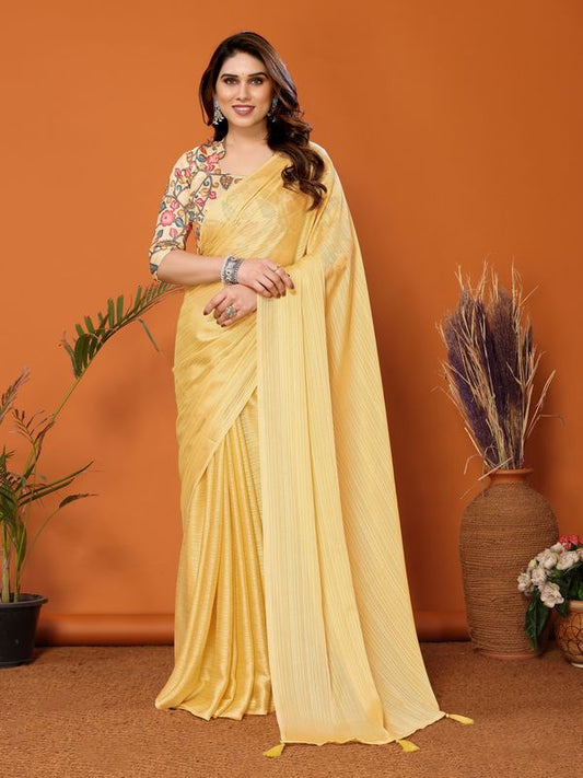 Yellow Solid & Digital Printed Blouse Polyester Zari Saree