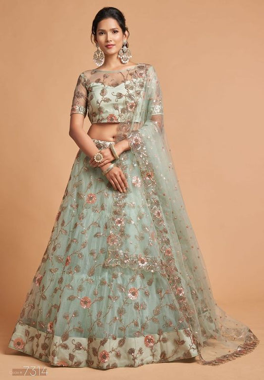 Sky Blue Women's Soft Net Embroidery Lehenga Choli