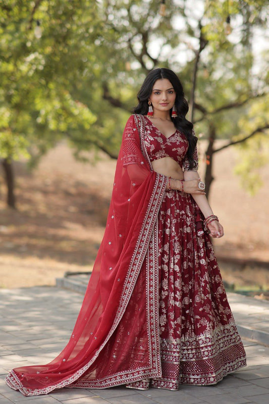 Maroon Pure Viscose Jacquard with Embroidered Sequins work Lehenga Choli