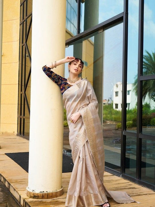 Brown Khadi Striped Saree and Stitched Multi Blouse