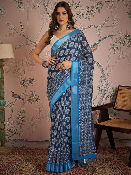 Blue Color Digital Printed Designer Linen Fabric Graceful Saree