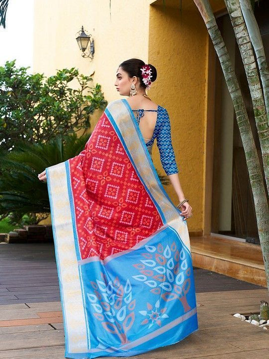 Red Crepe Digital Print Saree With Tassels on Pallu and Stitched Blue Blouse