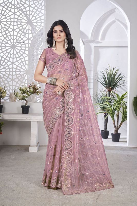 Pink Duble Sequance & Thread Embroidery Work Tissue Net Saree