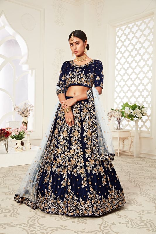 Navy Blue Women's Velvet Embroidery Lehenga Choli