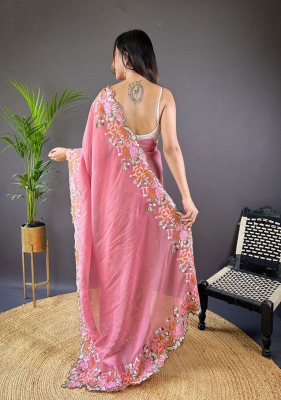Pink Cross Stich Embroidery Cut Work Glossy Silk Saree