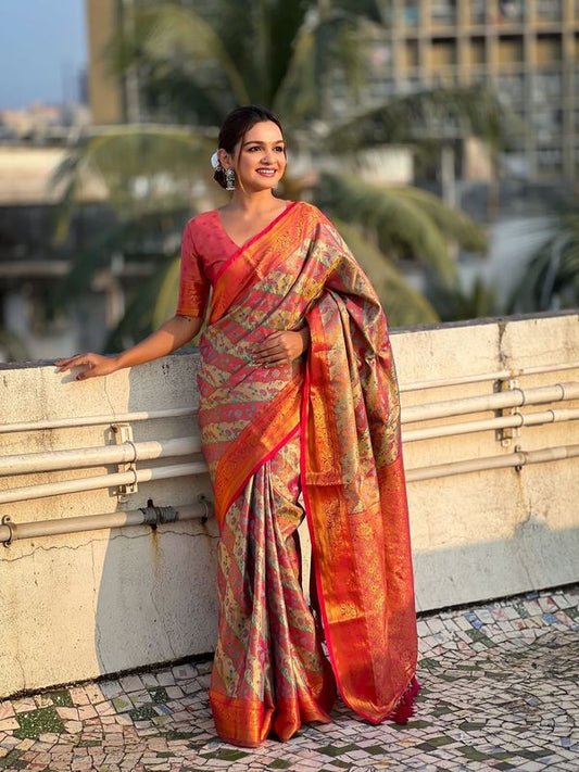 Pink Color Dharmavaram Silk  Wevon Laheriya Meenakari Designer Traditional Heavy Rich Looks Saree