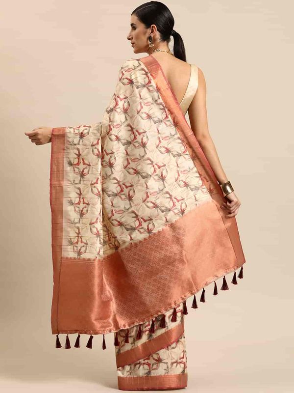 Beige Women's Chanderi Cotton Silk Digital Print Saree