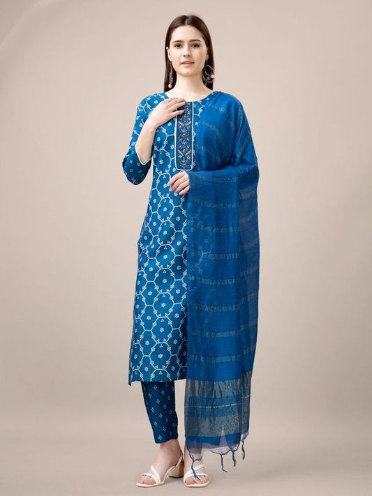 Blue Color Rayon Fabric Designer Printed Readymade Suits With Smart Embroidery Work