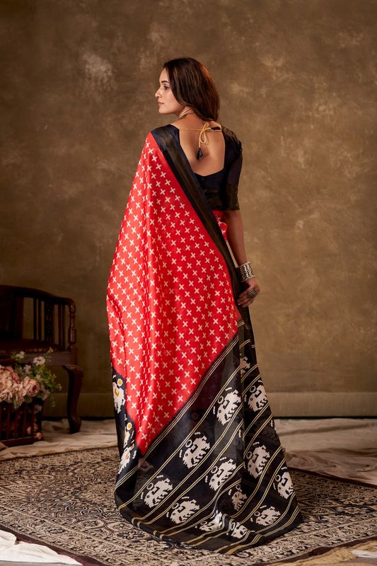 Red Cotton Printed Saree and Stitched Black Blouse
