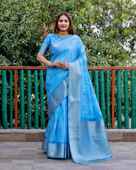 Blue Dola Silk Wevon Pallu Border Designer Saree With Digital Print