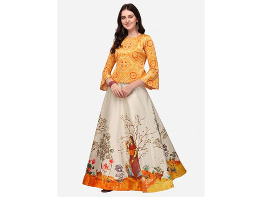 Digital Print Satin Silk Fabric Stitched Lehenga Choli With Jequared Blouse and Assami Silk Thread Work Dupatta For Women and Girls In Festive Party And Traditional Wear