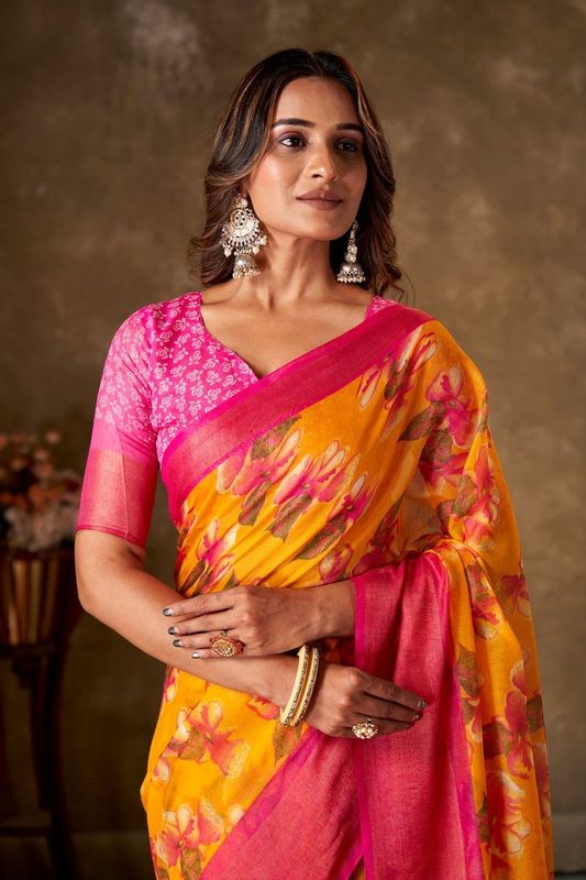 Mustard Cotton Printed Saree and Stitched Pink Blouse