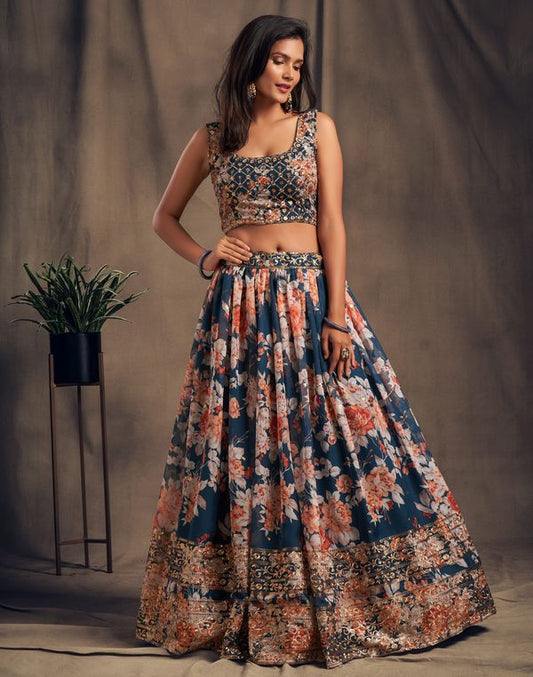 Dove Blue Women's Organza Embroidery Lehenga Choli