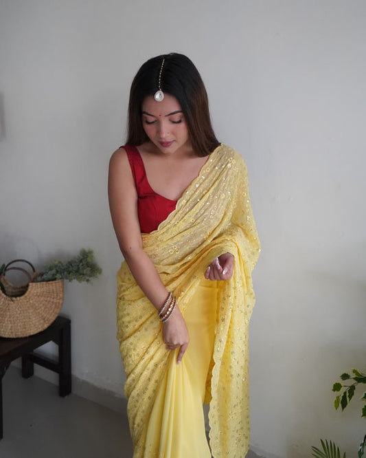 Yellow Sequance & Thread Embroidery Work Georgette Saree