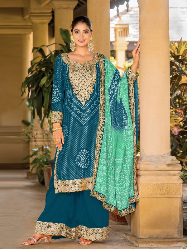 Teal Chinon Bandhani Printed Heavy Salwar Kameez With Jari And Mirror Embroidery Work