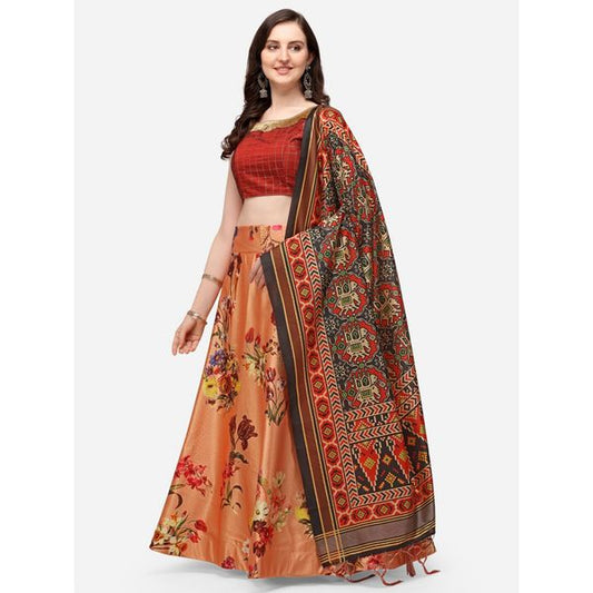 Digital Print Satin Silk Fabric Stitched Lehenga Choli With Jequared Blouse and Assami Silk Thread Work Dupatta For Women and Girls In Festive Party And Traditional Wear