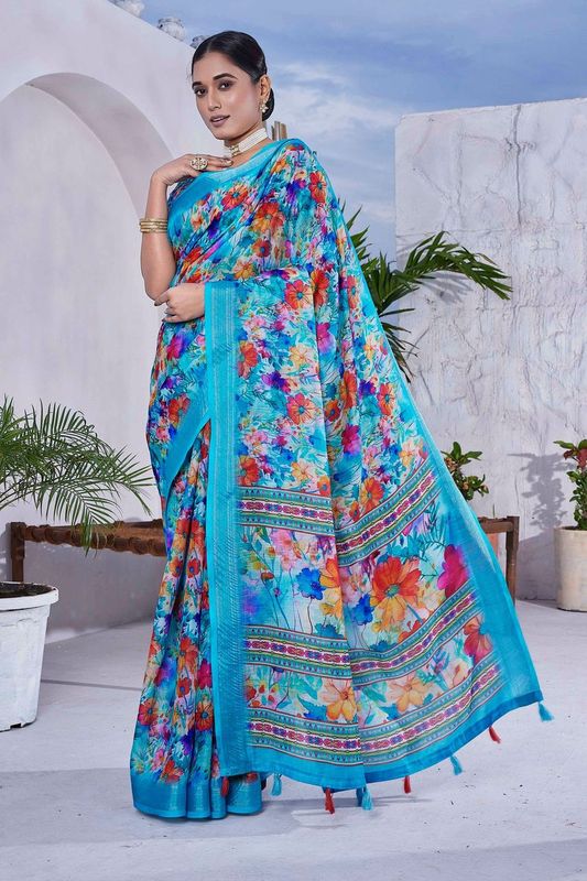 Blue Color Linen Blend Smart Ethnic Saree With Trendy Digital Print Work