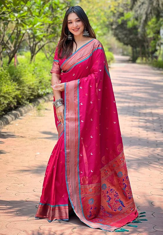 Pink Paithani Silk Wevon Paithani Meenakari Designer Heavy Wedding Wear Trendy Girlie Saree