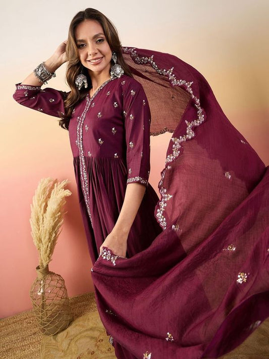 Maroon Color Beautiful Woven Silk Readymade Suit with Festive Thread Embroidery Work