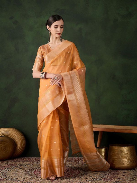 Orange Wevon Designer Khadi Organza Saree