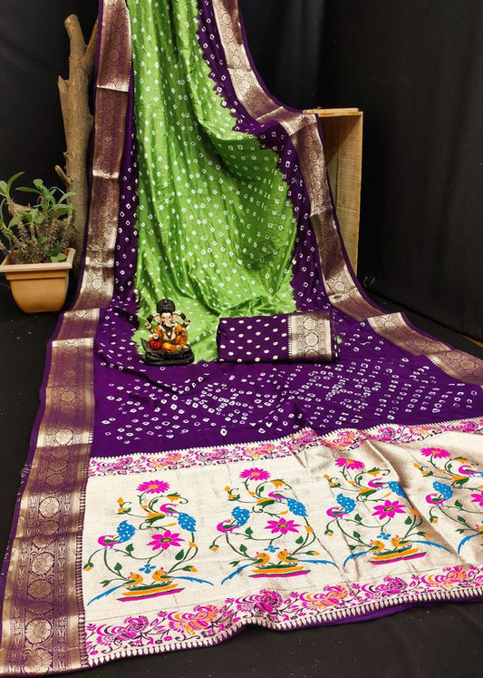 Purple Dola Silk Wevon Designer Saree With Traditional Hand Bandhej Printed