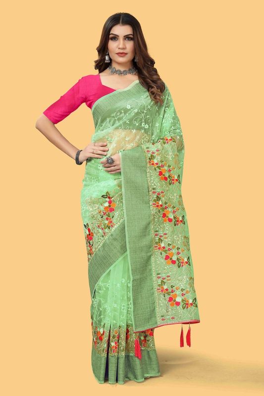 Green Color Woven Patta Organza Silk Saree With Embroidery And Stone Work