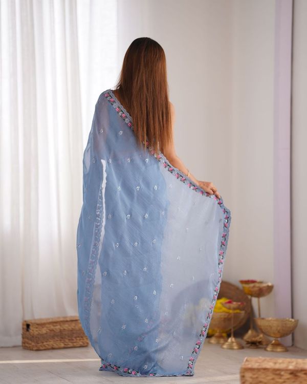 Sky Blue Pixel Silk Thread And Sequins Embroidery Work Partywear Girlie Saree