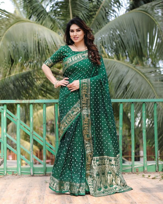 Green Color Dola Silk Fabric Wevon Border Pallu Designer With Bandhej Work Saree