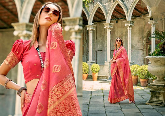 Peach Weaving Designer Tissue Silk Saree