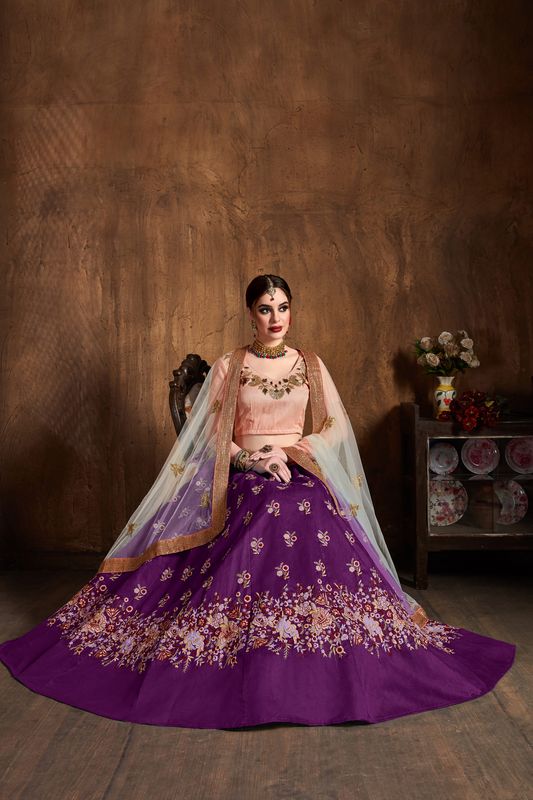 Purple Women's Raw Silk Embroidery Lehenga Choli