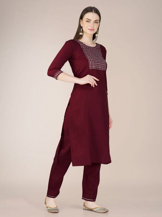 Maroon Color Cotton Blend Sophisticated Partywear Suit For Girlie Looks