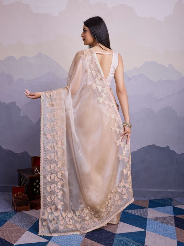 Beige Color Jimmi Silk Fabric Thread Sequins Embroidery Work Heavy Ceremonial Saree