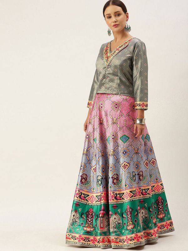 Ethnic Motifs Digital Print Shiney Satin Croptop Lehenga Choli With Blouse For Women and Girls