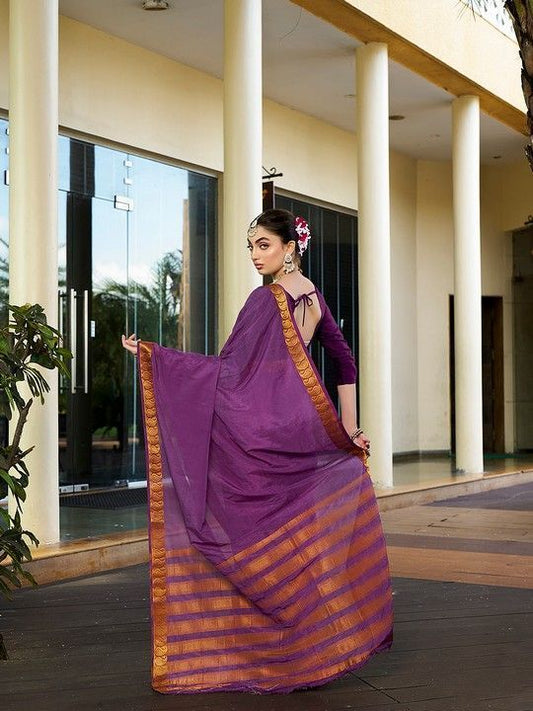 Purple Crepe Woven Saree and Stitched Purple Blouse