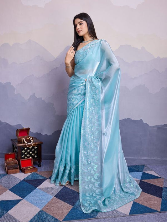 Sky Blue Color Jimmi Silk Fabric Thread Sequins Embroidery Work Heavy Ceremonial Saree