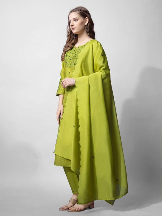 Parrot Green Color Cotton Blend Readymade Dress With Designer Embroidery Work