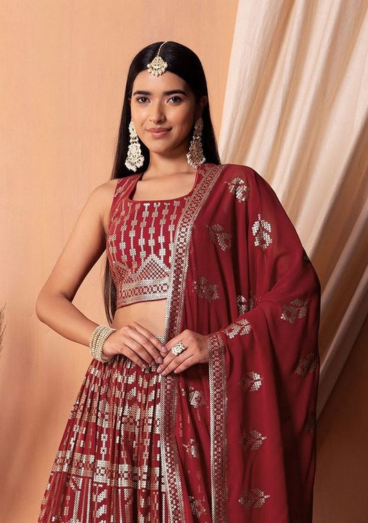 Maroon Color Sequins Embroidered Bridesmaid Ceremonial Lehenga Choli