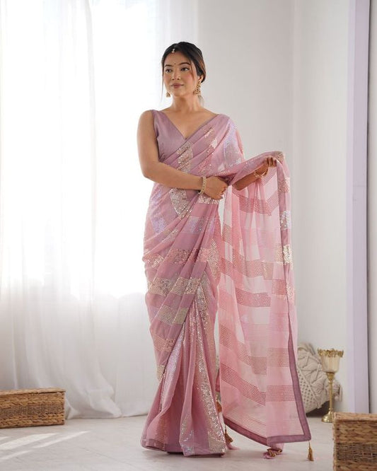 Pink Designer Sequance Embroidery Work Georgette Saree