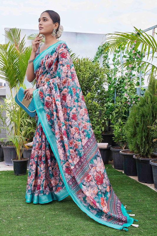 Sea Green Color Linen Blend Smart Ethnic Saree With Trendy Digital Print Work