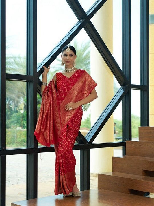 Red Crepe Bandhani Saree and Stitched Red Blouse