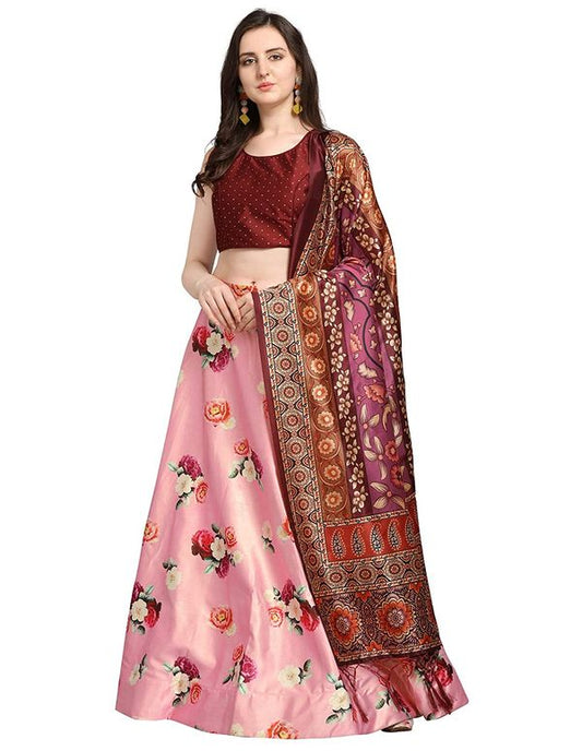 Bandhni Patola Type Digital Print Shiney Satin Croptop Lehenga Choli With Blouse For Women and Girls