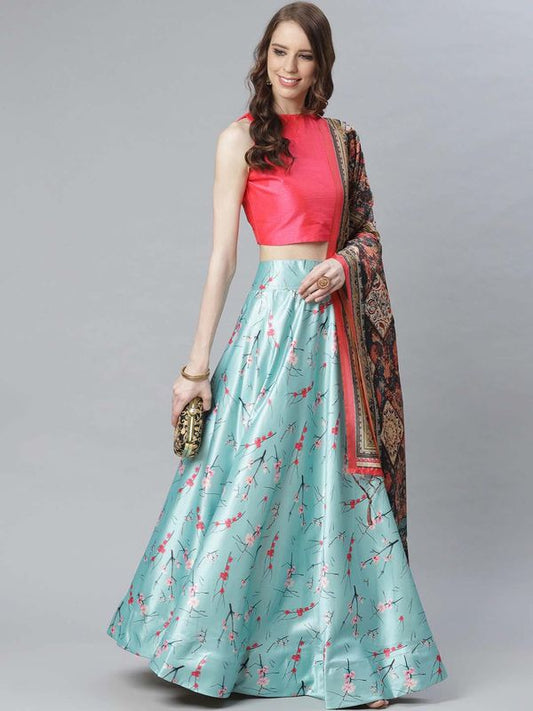 Digital Print Satin Silk Fabric Stitched Lehenga Choli With Jequared Blouse and Assami Silk Thread Work Dupatta For Women and Girls In Festive Party And Traditional Wear