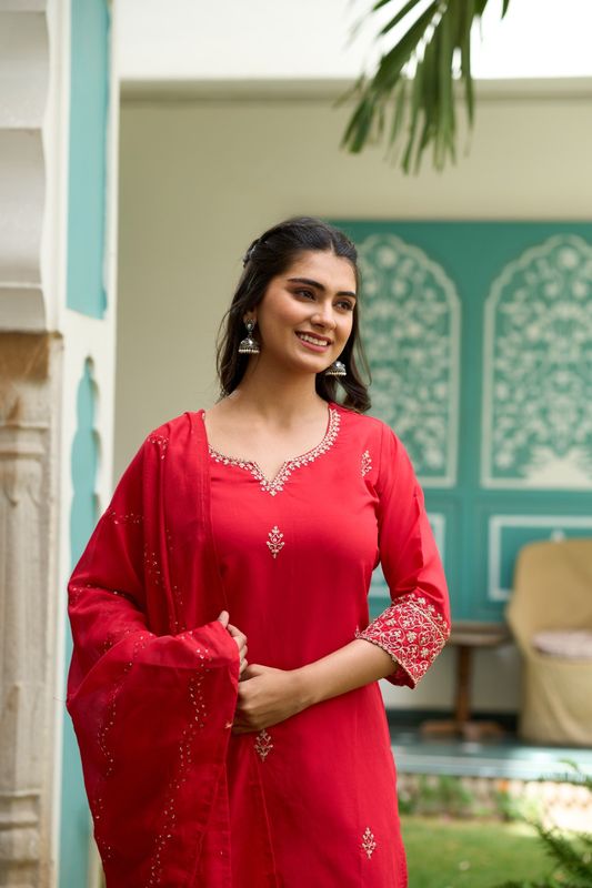 Red Chanderi Straight Kurta