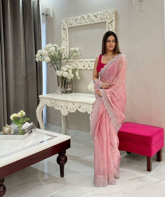 Pink Silver Jari & Sequance Embroidery Work Burberry Silk Saree