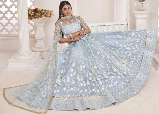 Turquoise Embroidered Net  Stitched Lehenga